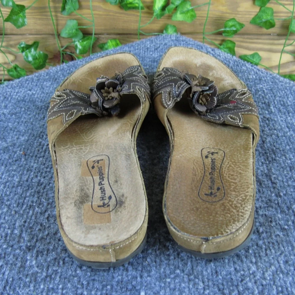 Hush Puppies Women's Brown Leather Floral Slip-On Flip Flop Sandals Size‎ 8 M